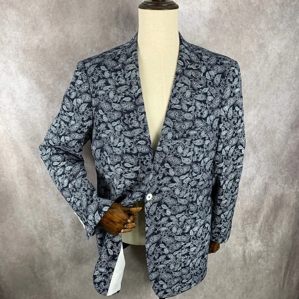 Alan Flusser Linen Blazer Jacket Men Large Paisley Sport Coat Preppy Modern